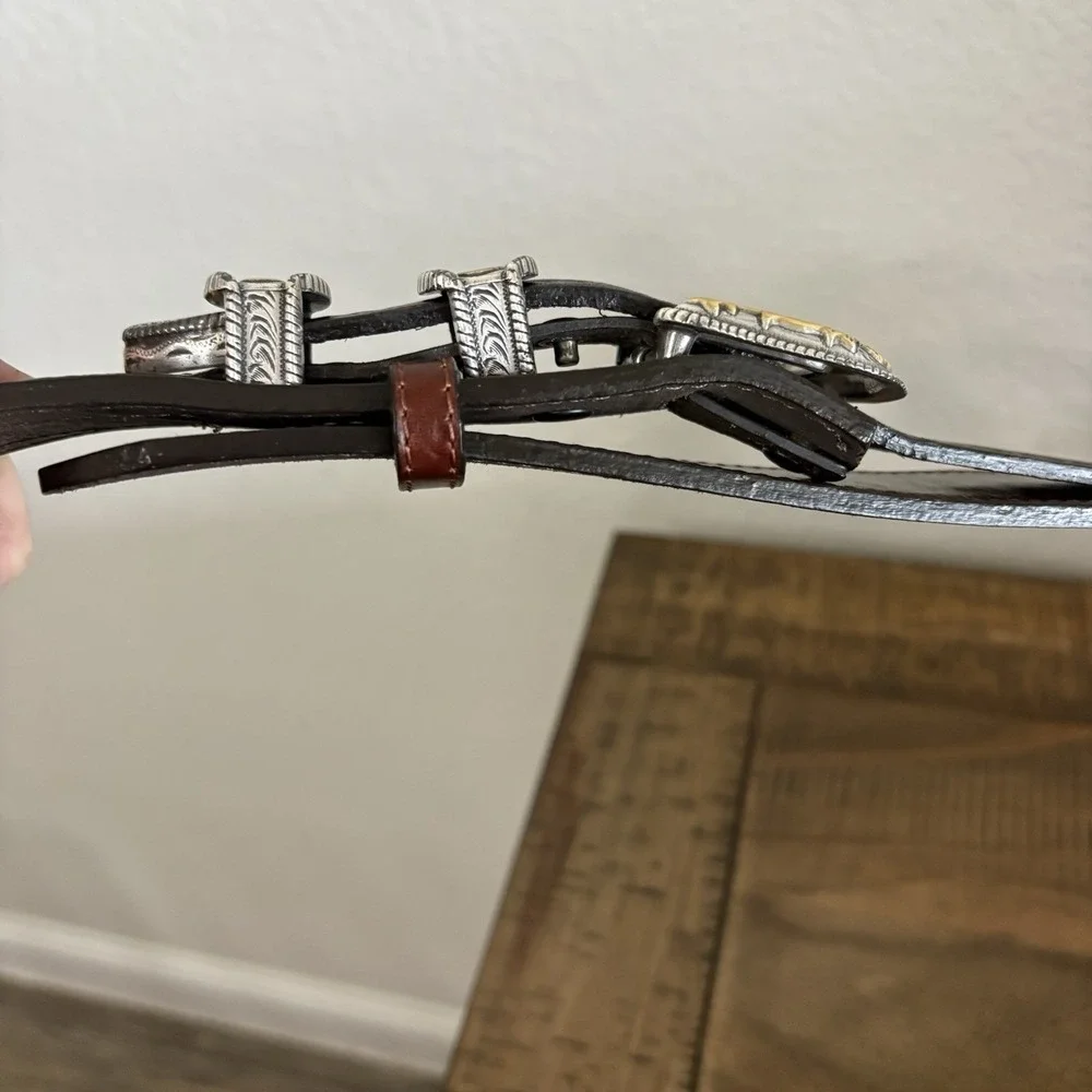 Nocona Brown Leather Western Belt 46 | Two-Tone Silver & Gold Buckle | Tooled